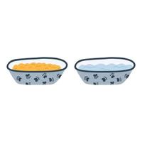 Dog or cat bowl with food and water in cartoon flat style. Vector illustration of pet accessories, kitten or puppy dish.