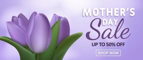 oferta especial. banner de venta del día de la madre con flores de tulipán realistas y decoración de texto de descuento publicitario. ilustración vectorial vector