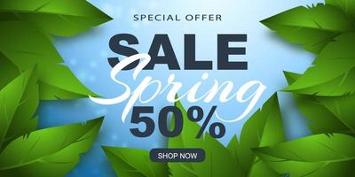 Spring sale banner with green leaves on a blue background. Vector illustration