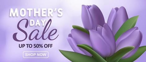 oferta especial. banner de venta del día de la madre con flores de tulipán realistas y decoración de texto de descuento publicitario. ilustración vectorial vector