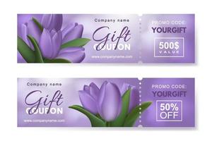 Set of gift coupons with realistic purple tulip flowers. Template for a festive gift voucher, invitation and certificate. Vector Illustration
