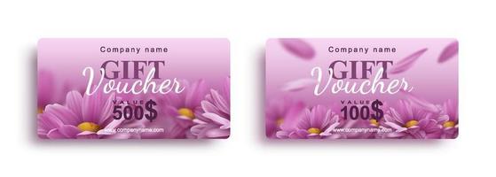 Set of gift vouchers with realistic pink chrysanthemum flowers. Template for a festive gift coupon, invitation and certificate. Vector Illustration