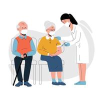 Vaccination of the elderly against coronavirus. Vector illustration of an elderly woman vaccinated by a doctor