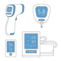 Medical device icon set. Tonometer, glucometer blood glucose meter, pulse oximeter, thermometer. vector