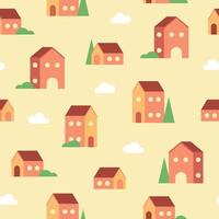 Seamless pattern of tiny geometric houses, clouds and trees in warm colors. vector