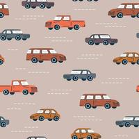 Seamless trendy pattern. A classic cars in retro color on beige background. vector