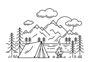 Camping tent in forest at the river outline vector illustration.