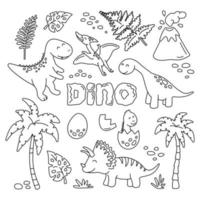 Cute dinosaurs and tropic plants in outline collection. vector