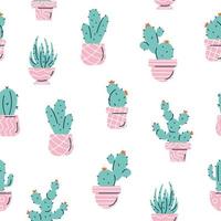 Seamless pattern with green cactus and succulents on white background. vector