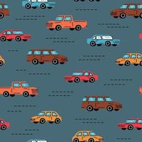 Seamless trendy pattern. A classic cars in retro color on dark blue background. vector