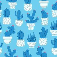 Seamless pattern with blue cactus and succulents on blue background. vector