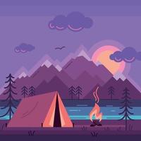 Camping tent in forest at the river color vector illustration.