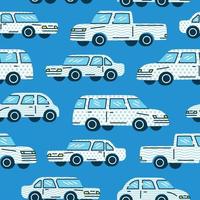 Seamless trendy pattern. A classic cars in white color with memphis pattern style on blue background. vector