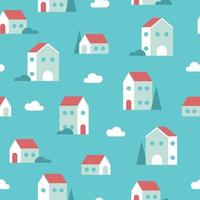 Seamless pattern of tiny geometric houses, clouds and trees in blue colors. vector