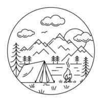 Camping tent in forest at the river outline vector illustration in circle.