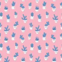 Seamless pattern with blue cactus and succulents on pink background. vector