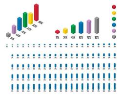 Set of 3D isometric rectangle percentage bar chart from 0 to 100 vector