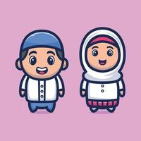 lindo niño musulmán y niña vector ilustración, personaje de dibujos animados mascota ramadhan