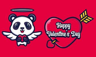 lindo panda abrazando un corazón con saludos de feliz día de san valentín vector