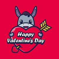 lindo burro abrazando un corazón con saludos de feliz día de san valentín vector