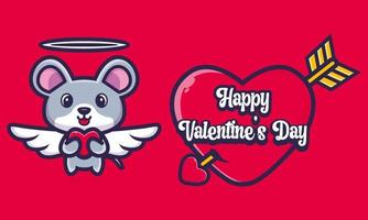 lindo ratón abrazando un corazón con saludos de feliz día de san valentín vector