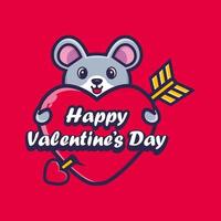 lindo ratón abrazando un corazón con saludos de feliz día de san valentín vector