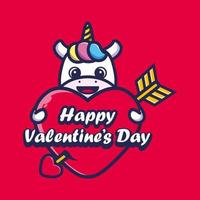 lindo unicornio abrazando un corazón con saludos de feliz día de san valentín vector