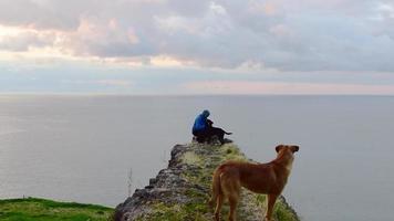 Caucasian Male person cuddles and walks with dogs on cliff with black sea horizon background. video
