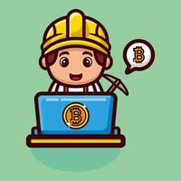 Cute bitcoin miner cartoon character design premium vector