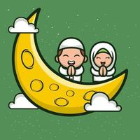 Cute muslim couple on moon cartoon vector illustration