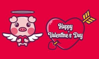 lindo cerdo abrazando un corazón con saludos de feliz día de san valentín vector