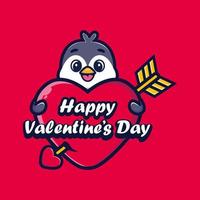 lindo pingüino abrazando un corazón con saludos de feliz día de san valentín vector