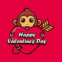 lindo mono abrazando un corazón con saludos de feliz día de san valentín vector