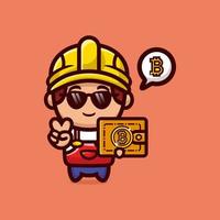 Cute bitcoin miner cartoon character design premium vector