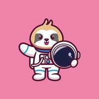 lindo astronauta perezoso sosteniendo casco dibujos animados vector ilustración