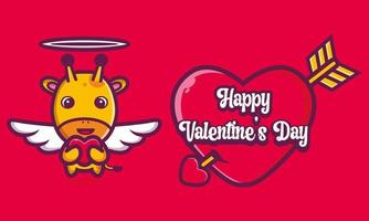 Cute giraffe hugging a heart with happy valentine's day greetings vector