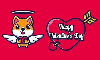 lindo perro shiba inu abrazando un corazón con saludos de feliz día de san valentín vector