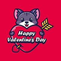 lindo gato abrazando un corazón con saludos de feliz día de san valentín vector