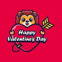 Cute lion hugging a heart with happy valentine's day greetings vector