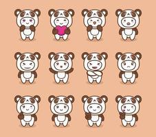 Set of costume panda with various expressions vector