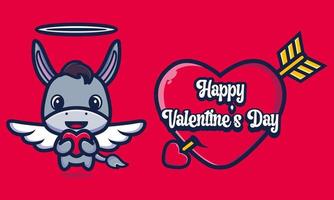 lindo burro abrazando un corazón con saludos de feliz día de san valentín vector