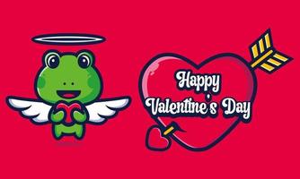 Cute frog hugging a heart with happy valentine's day greetings vector