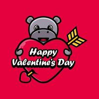 Cute hippo hugging a heart with happy valentine's day greetings vector