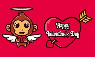 lindo mono abrazando un corazón con saludos de feliz día de san valentín vector