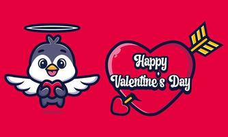 lindo pingüino abrazando un corazón con saludos de feliz día de san valentín vector