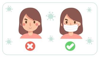 Woman wearing a face mask correctly .Cute girl is recommended how to wear a mask. Virus protection concept idea. New normal lifestyle. Vector illustration isolated on white background.