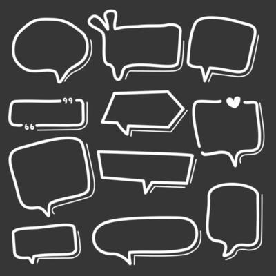 speech bubbles with, greetings and sale ad. Artistic collection of hand drawn doodle style comic balloon, cloud, Isolated vector set.white line frame on black background.