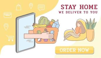 grocery online shop order. Online store delivery.Shopping Online on Website or Mobile Application. Vector Concept Marketing and Digital marketing.New Normal lifestyle.Stay home, we deliver.