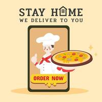 Pizza , online delivery ,Pizza Delivery Website Banner in Flat Linear Vector Style.Food delivery service.Served by Chef.Stay home.Online pizza order on smartphone.order now.young man chef baked pizza.