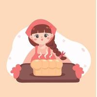 Young woman holding baking tray with loaf of bread .fresh baked.milk bread.cute girl chef serving homemade bakery.wear apron and kitchen glove. braid hairstyles.Flat Vector illustration.